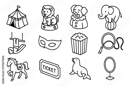 Circus icon set featuring clowns, animals, and carnival elements in black and white outline style