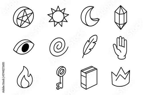 Mystical symbols set: moon, sun, crystal, and spiritual icons in simple line art