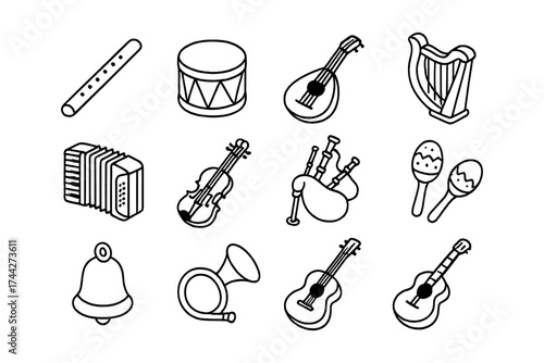 Collection of musical instruments in isometric monochrome style for creative designs