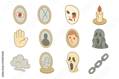 Halloween themed icons set featuring masks, haunted mirrors, and spooky elements