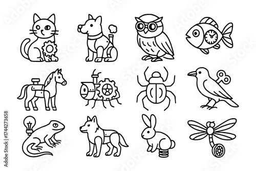 Retro mechanical animals collection: playful line art designs