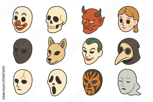 Cartoon halloween masks collection: diverse characters and expressions