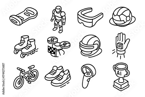 Futuristic sports and activity gadgets in bold linear style