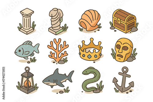 Ancient treasures collection with nautical and mythical elements