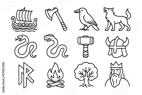Collection of norse mythology symbols in outline style