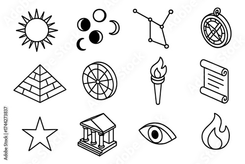 Ancient symbols and celestial icons in minimalist black line art style