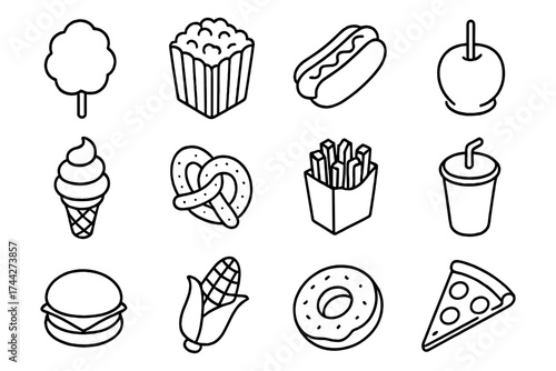 Set of outline icons: popular fast food snacks and treats