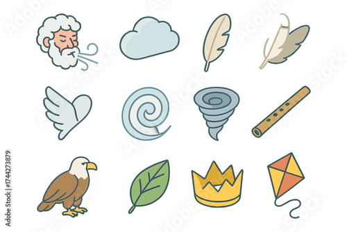 Colorful weather and nature icons with wind and sky elements