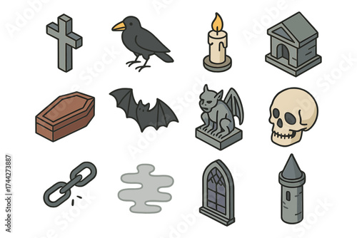 Spooky halloween icons set: gothic symbols for seasonal design