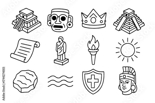 Ancient civilization outline icons featuring temples and symbols