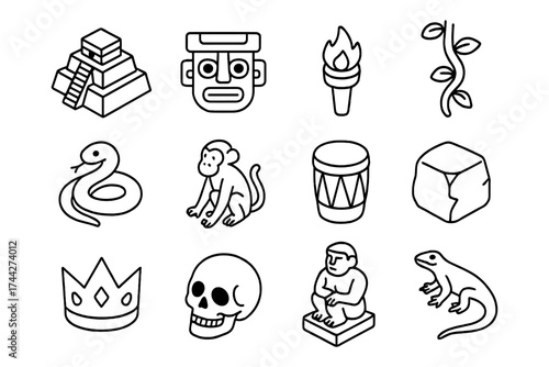 Monochrome icon set: ancient mesoamerican symbols and nature elements