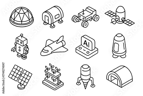 Isometric space technology icons featuring robots, satellites, and vehicles