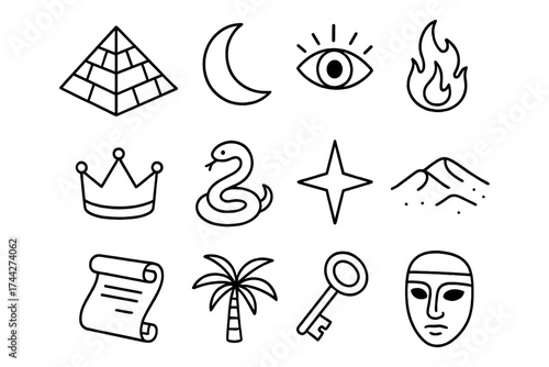 Ancient symbols: egyptian themed icon set featuring minimalist black line art