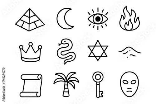 Mystic symbols collection: outline icons of pyramid, moon, eye, flame, crown, and more