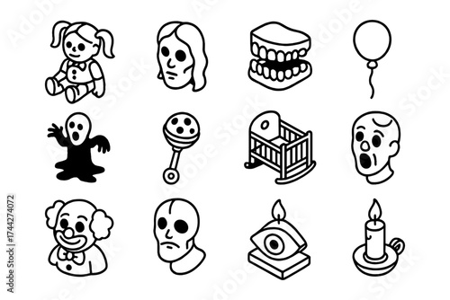 Spooky outline icons set featuring halloween characters and objects in black and white