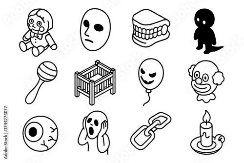 Creepy halloween icons collection: horror doodles and spooky symbols for decorations