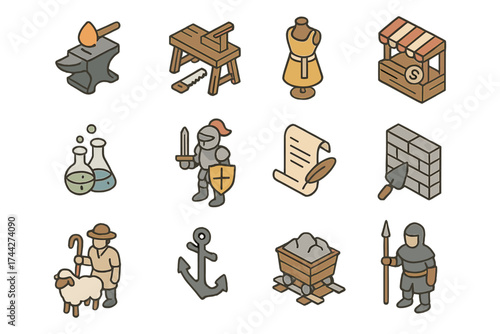 Medieval tools and professions in isometric icons: forge, market, knight, and more