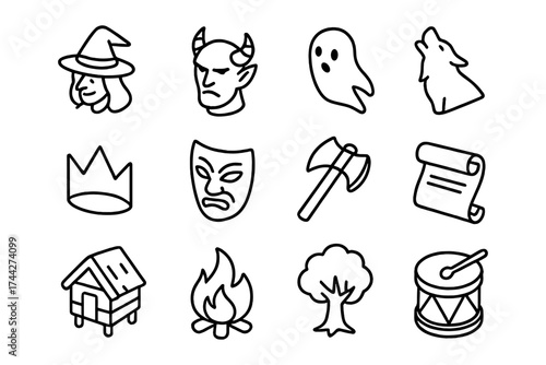 Halloween line art icons set: witch, ghost, werewolf, mask, more
