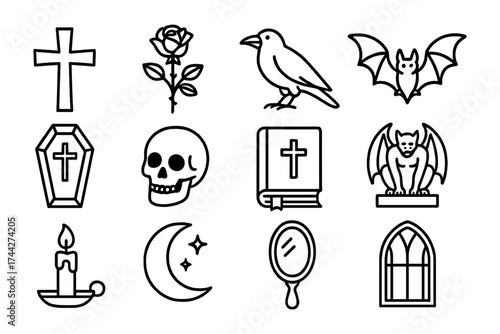 Linear gothic theme: cross, rose, gargoyle, skull, and moon icons