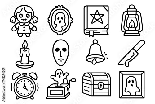 Spooky halloween icons set: horror, ghosts, and haunted symbols in linear style