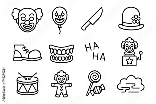 Outline clown icons set: fun and mischief in black and white
