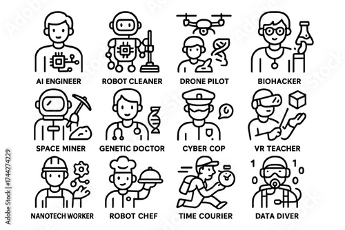 Futuristic jobs concept: ai to biohacking, modern professions in flat line design