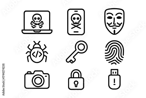 Cybersecurity line icons: hackers, malware, and security technology symbols
