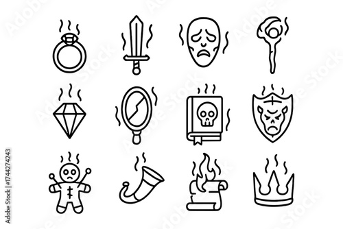 Mystical line art icons: magical objects and symbols in black and white