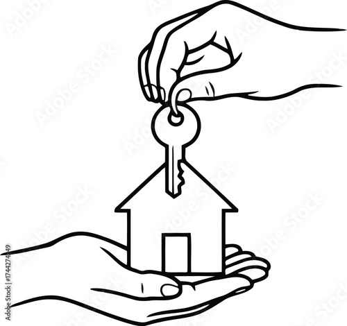 Hand passing a house key to another hand symbolizing home ownership