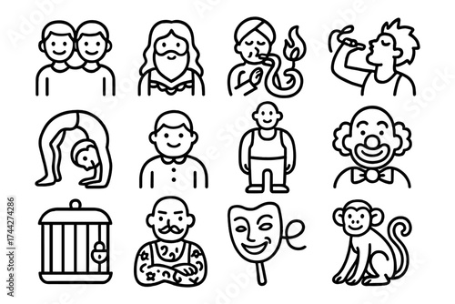 Circus performer icons in bold linear style with mask and animal graphics