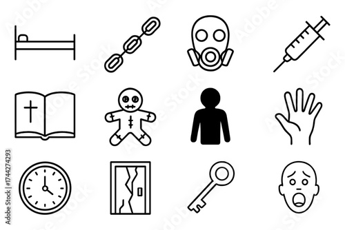 Linear horror icons set: mask, voodoo, haunted house, more