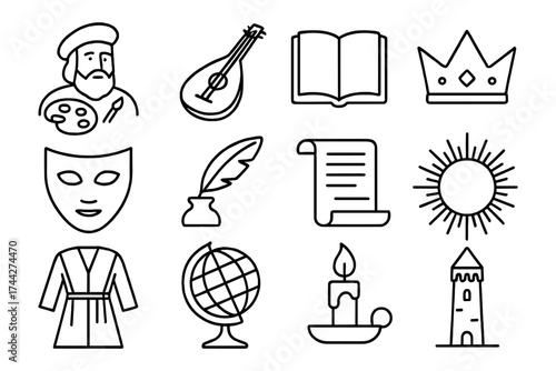 Medieval art and culture line icons: music, literature, and history essentials