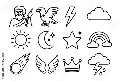 Mythical outline icons: zeus, lightning, eagle, sun, moon, stars, clouds, and more