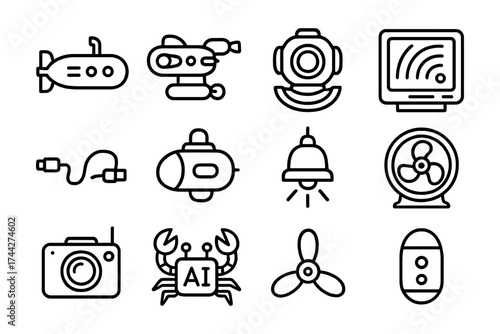 Minimalist nautical and technology icon set in linear style