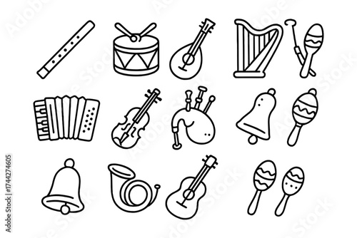 Simple outline icons of musical instruments: harp, drums, violin, and more