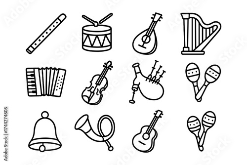 Musical instrument icon set: drum, guitar, harp, flute, and more in linear style
