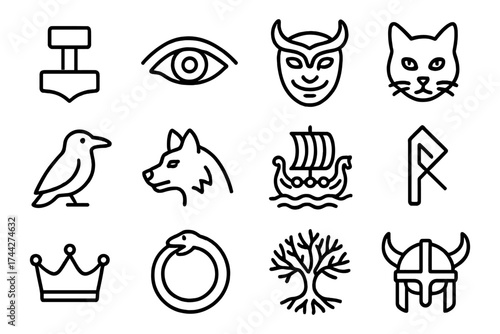 Viking icons: mythology symbols with nordic themes in minimalist design