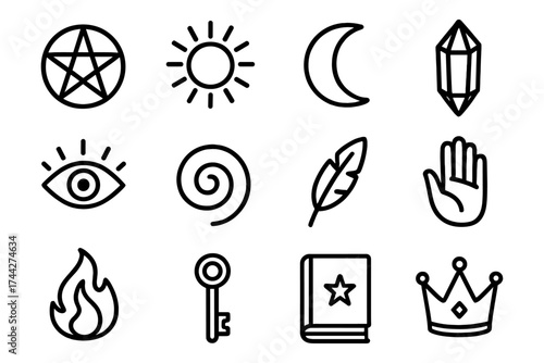Mystical icon set: symbols of magic, nature, and spirituality in linear style