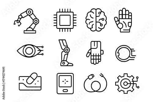 Futuristic technology icons featuring robotics, ai, and cybernetics in simple linear style