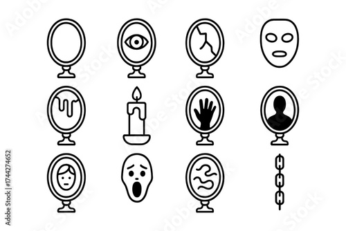 Collection of mystical mirror symbols including candle, handprint, and abstract faces in linear style