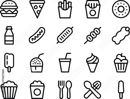 Collection of simple outline icons representing various fast food and sweet treats
