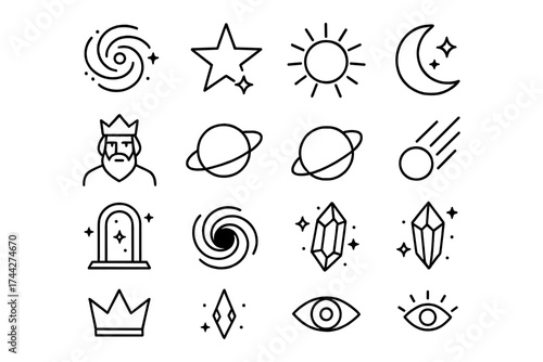 Cosmic and mystical line art icons featuring celestial bodies, crystals, and mythical elements