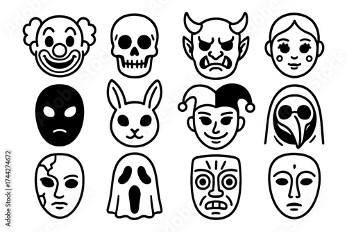 Spooky and playful mask designs: clowns, skulls, and more in bold outline style