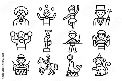 Circus performers in linear art: clown, juggler, ballerina, magician, strongman, acrobat, mime, drummer, horse rider, seal, monkey
