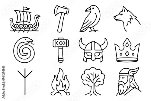 Collection of linear norse symbols featuring viking ships, weapons, and mythical creatures