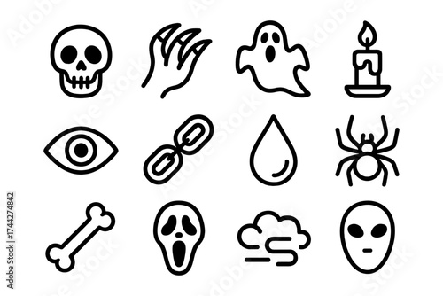 Spooky halloween icons set featuring skull, ghost, and spider elements in black outline style
