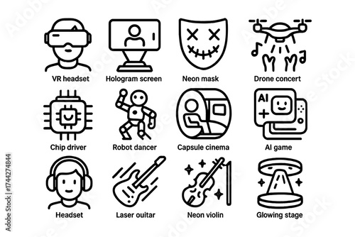 Futuristic entertainment icons: technology, gaming, and virtual experiences