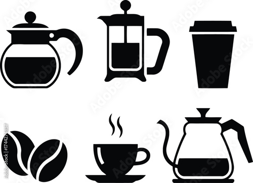 Collection of coffee and tea related icons and illustrations