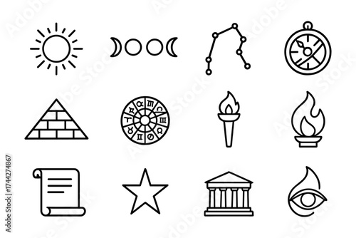 Minimalist line icons of astrology, travel, and history symbols