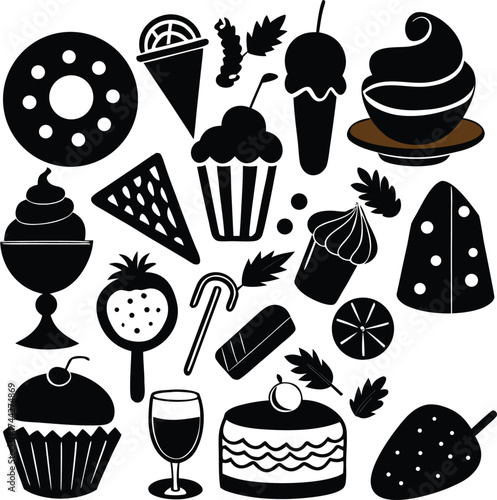 Collection of black and white silhouette desserts and sweets
